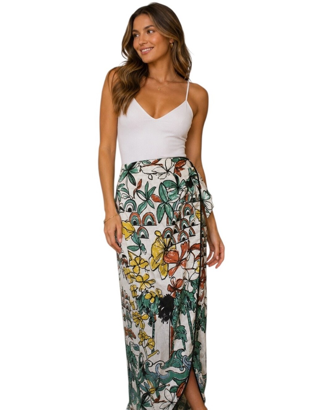 PIA Lara-Floral Printed Ankle Length Wrap Skirt-big Tropic Green Flower.Size SM